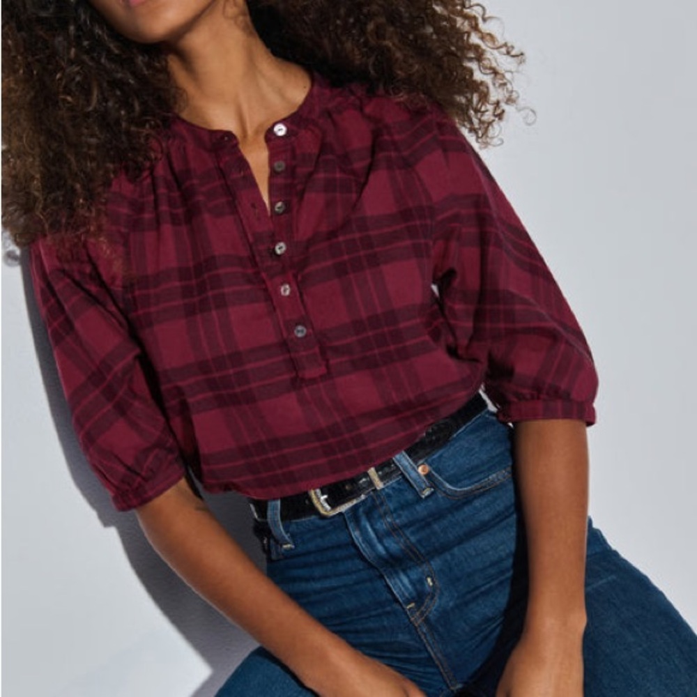 NATION LTD May Puff Sleeve Top Cotton Woven Flannel Party Plaid Burgundy Pink XS